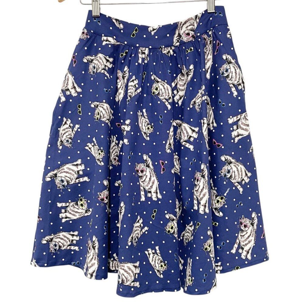 Blue Cat Print Pleated Midi Skirt Quirky Indie Kawaii Novelty Pockets S